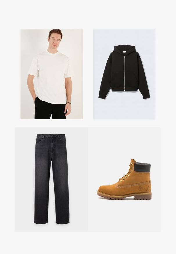 Svart zip-up hoodie i mjukt tyg. Har huva, framfickor samt ribbade mudd och nederkant. Slät textur utan mönster.; Vit kortärmad t-shirt i bomull, med rund halsringning och avslappnad passform. Bärs tillsammans med svarta byxor, med enkel struktur, utan mönster.; Mörkgrå denimjeans med rak bendesign, som har dragkedja, fem fickor och subtila blekningsdetaljer på tyget.; Tan mockasins ankelstövlar med svart vadderad krage, guldmetallöglor, vit sömdekor och slitstöt gummisula med utmärkta mönster.