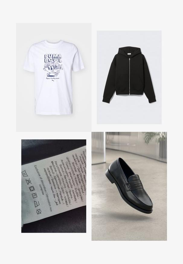 Černá mikina na zip vyrobená z měkké tkaniny. Obsahuje kapuci, přední kapsy a žebrované manžety a lem. Hladká textura bez vzorů.; Bílé bavlněné tričko s modrou karikaturou misky plné jídla a textem "PUMA BOWL" a "Užijte si zdravou svačinu."; Štítek s vícejazyčným textem, symboly péče a ikonami recyklace, vytištěný na měkkém materiálu připomínajícím látku ve světlé barvě.; Černá kožená mokasína s hladkou texturou, špičatou špičkou a ozdobným páskem přes nárt. Lehká podrážka, minimalistický design.