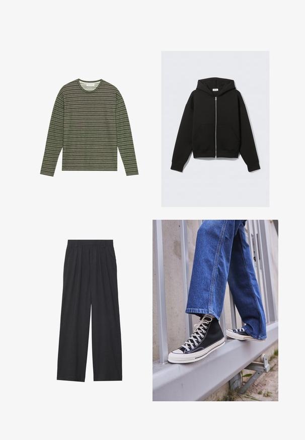 Musta vetoketjullinen huppari, joka on valmistettu pehmeästä kankaasta. Varusteina huppu, etutaskut sekä ribattu hihansuut ja helma. Sujuva pinta ilman kuvioita.; Pier One Pitkähihainen paita - forest night; Suorat lahkeet valmistettu tummanharmaasta kankaasta. Ominaisuuksiin kuuluu laskokset vyötäröllä, muotoilu on siisti ja siluetti suora.; Mustat high-top tennarit valkoisella pohjalla ja nauhoilla, yhdistettynä väljään sinisiin farkkuihin, lepäävät harmaalla kaiteella.