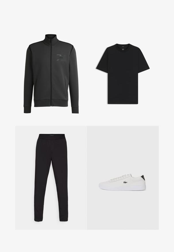Schwarze Zip-up-Jacke aus glattem Stoff mit Seitentaschen, hohem Kragen und subtiler BOSS-Logo auf der Brust mit kontrastierenden Texturen.; Schwarz T-Shirt mit kurzen Ärmeln aus einem glatten Baumwollmix, mit Rundhalsausschnitt und einem minimalistischen Design ohne Muster oder Akzente.; Schwarze, schmal zulaufende Hosen mit elastischem Bund, aus einem glatten, leichten Stoff gefertigt, ohne sichtbare Muster oder Hardwaredetails.; Weiße Leder-Sneaker mit runder Spitze, Schnürung und schwarzem Fersenakzent. Verfügt über ein kleines gesticktes Krokodillogo an der Seite.