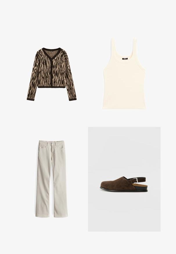 Bruin en crème gestreepte cardigan gemaakt van zachte breimaterialen, met een V-hals en knoopsluitingen. Korte lengte met lange mouwen.; Lichtbeige tanktop gemaakt van ribgebreide stof, met een ronde halslijn en dikke bandjes, in een aansluitende pasvorm en met minimale details.; Beige recht gesneden jeans gemaakt van een katoenmix. Heeft vijf zakken, een frontale knoopsluiting en subtiele stiksels.; Bruin suède instapper met een lage hak, een verstelbare band met een zilveren gesp en een zwarte rubberen zool.