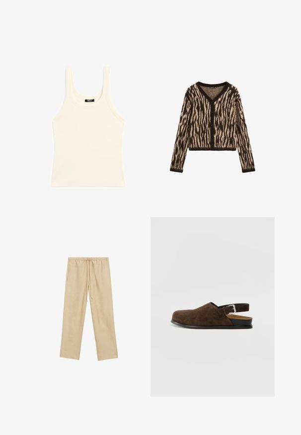 Brown and cream striped cardigan made of soft knit material, featuring a V-neck and button closures. Cropped length with long sleeves.; Light beige tank top made of ribbed fabric, featuring a round neckline and thick straps, with a fitted shape and minimal detailing.; Light beige, loose-fitting trousers with an elastic waistband and drawstring. Features two side pockets and a smooth texture.; Brown suede slip-on shoe with a low heel, an adjustable strap with a silver buckle, and a black rubber sole.