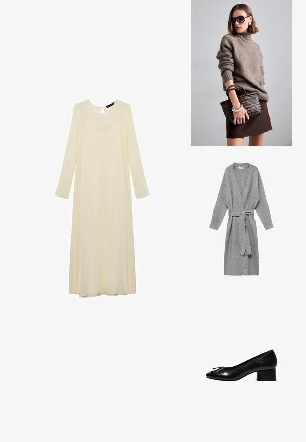 Grijze cardigan gemaakt van zacht materiaal, met een diepe V-hals, lange mouwen en een tailleband. Eenvoudig ontwerp zonder patronen of versieringen.; Crème lange mouw jurk met een keyhole-halslijn, gemaakt van lichte stof, met een vloeiende silhouet en subtiele glans.; Zwarte gepatineerde leren pump met een ronde neus, kleine blokhak en strikaccent aan de voorkant. Soepele textuur met een glanzende afwerking.; DRAGON DIFFUSION MINI FLAT GORA - Handtas - dark brown