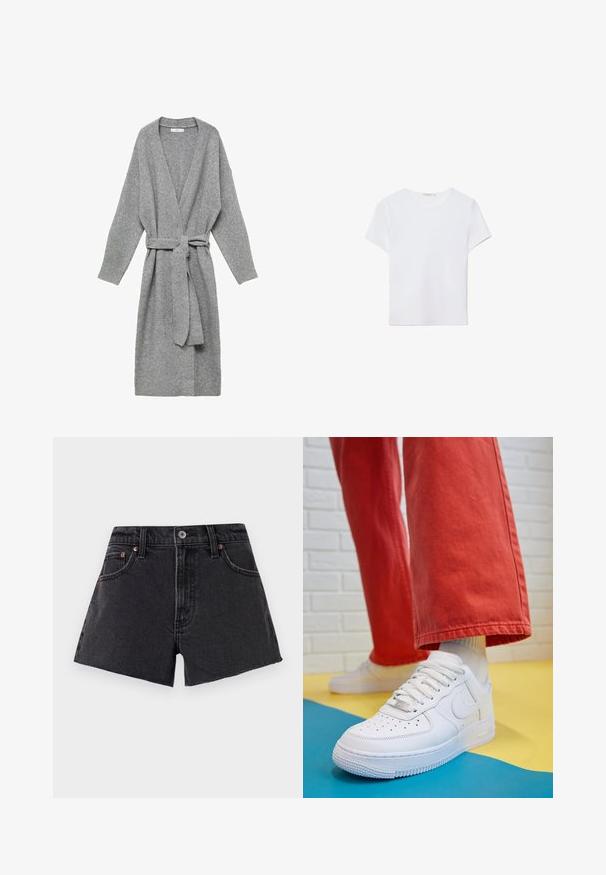 Cardigan grigio realizzato in materiale morbido, con scollatura a V profonda, maniche lunghe e cintura in vita. Design semplice senza motivi o decorazioni.; T-shirt bianco a maniche corte in tessuto morbido. Presenta un collo rotondo e un design semplice e pulito con un orlo dritto.; Shorts in denim nero con vita alta, orlo sfrangiato, tasche anteriori e rivetti in tono rame. Texture liscia e taglio classico.; Sneaker bianco in pelle con punta perforata, suola testurizzata e lacci bianchi, abbinati a pantaloni rossi larghi e uno sfondo blu e giallo.