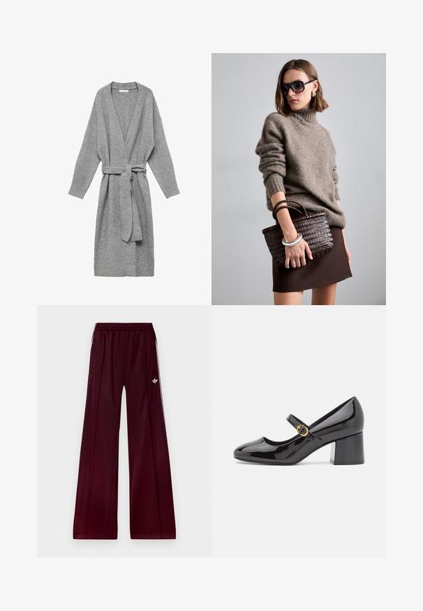 Cardigan grigio realizzato in materiale morbido, con scollatura a V profonda, maniche lunghe e cintura in vita. Design semplice senza motivi o decorazioni.; Camicia bianca a maniche lunghe con scollo rotondo. Il tessuto presenta un motivo testurizzato con linee verticali e dettagli a coste.; Pantaloni sportivi bordeaux con vestibilità rilassata, realizzati in un materiale morbido, dotati di due tasche laterali e strisce bianche a contrasto lungo i lati.; Stuart Weitzman STUART - Decolleté - black; DRAGON DIFFUSION MINI FLAT GORA - Borsa a mano - dark brown