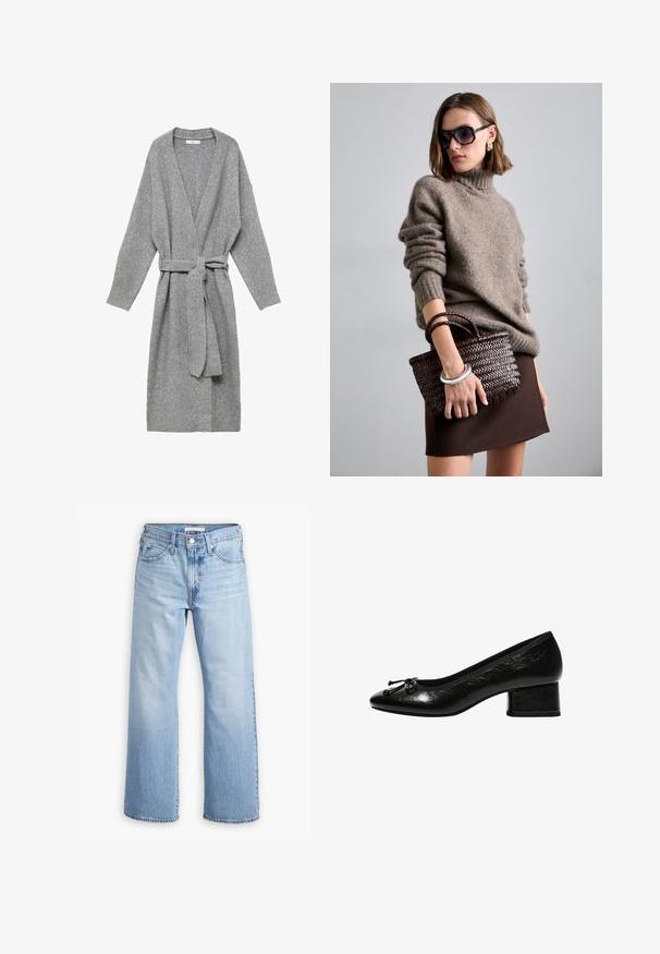 Siva jakna iz mehkega materiala, z globokim V-izrezom, dolgimi rokavi in pasom. Preprost dizajn brez vzorcev ali okraskov.; Bela srajca z dolgimi rokavi in okroglo ovratnikom. Tkanina ima teksturiran vzorec z navpičnimi črtami in rebrastimi podrobnostmi.; Svijetloplave traperice s širokim nogavicama, dva prednja džepa i prednjim zatvaranjem na dugme. Imaju izblijedjenu teksturu s vidljivim šavovima.; Črne lakirane čevlje s peto s krožno konico, majhna blok peta in naguban dodatek spredaj. Gladka tekstura z sijajnim zaključkom.; DRAGON DIFFUSION MINI FLAT GORA - Torbica - dark brown