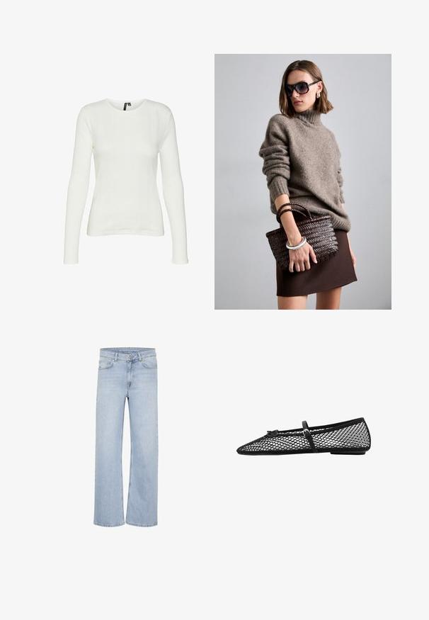 Grauer Cardigan aus weichem Material, mit tiefem V-Ausschnitt, langen Ärmeln und einem Taillengürtel. Schlichtes Design ohne Muster oder Verzierungen.; Weißes Langarmshirt mit rundem Halsausschnitt. Der Stoff hat ein strukturiertes Muster mit vertikalen Linien und gerippten Details.; Helle blaue Weitjeans aus Denim. Mit Gürtelschlaufen, Fünf-Taschen-Design und genähten Akzenten entlang der Nähte.; Schwarze Netz-Balletflats mit spitz zulaufender Zehenpartie, dekorativem Riemen und dezentem Akzent. Sie verfügen über ein offenes Netzdesign und eine flache Sohle.; DRAGON DIFFUSION MINI FLAT GORA - Handtasche - dark brown