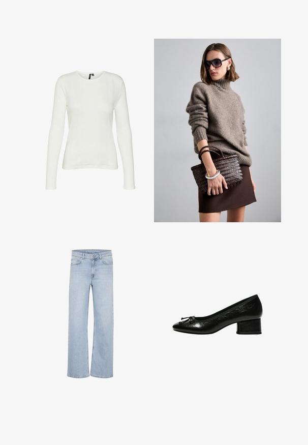 Grå cardigan i mjukt material, med djup V-ringning, långa ärmar och midjeband. Enkelt design utan mönster eller dekorationer.; Vit långärmad skjorta med rund halsringning. Tyget har ett strukturerat mönster med vertikala linjer och ribbade detaljer.; Ljusblå vida jeans i denim. Har bältesöglor, femfickorsdesign och stickade detaljer längs sömmarna.; Svart lackläderspump med rund tås, liten blockklack och rosettdetalj framtill. Slät yta med en glänsande finish.; DRAGON DIFFUSION MINI FLAT GORA - Handväska - dark brown