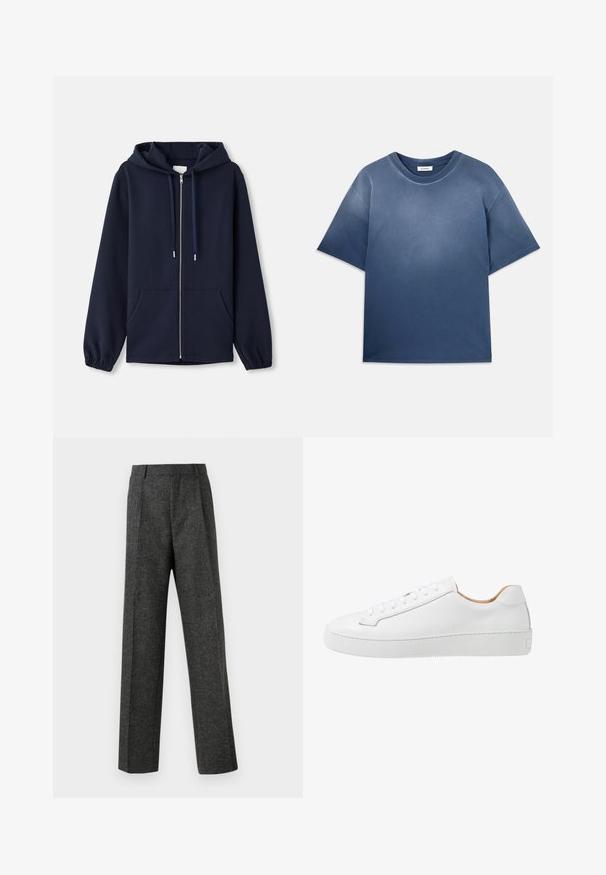 Sudadera con cremallera en color navy, fabricada en una tela suave, que cuenta con capucha ajustable, bolsillos frontales y puños elásticos. Diseño simple y funcional.; Camiseta de algodón azul con un corte relajado, mangas cortas, cuello redondo y textura suave. Presenta un efecto de degradado de color.; Pantalones gris ajustados hechos de una tela texturizada, con dos pliegues frontales y un diseño de pierna recta. Sin bolsillos visibles ni adornos.; Zapatilla de cuero blanca con un acabado suave, punta redonda, diseño de cordones planos y suela de goma gruesa con un patrón de agarre texturizado.