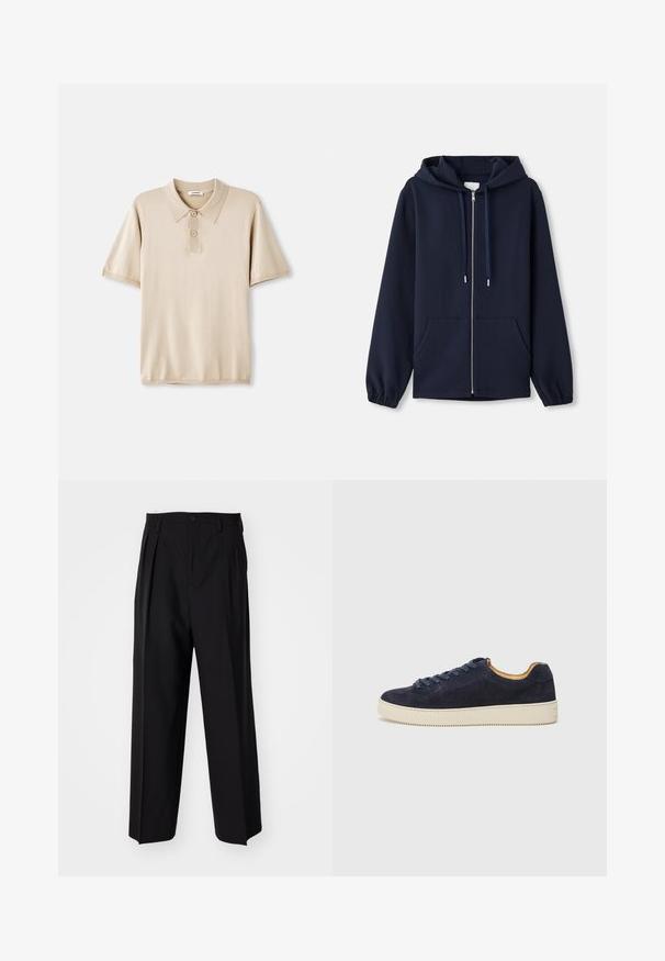 Tengerészkék, cipzáros kapucnis pulóver, puha anyagból készült, húzózsinóros kapucnival, elülső zsebekkel és elasztikus mandzsettákkal. Egyszerű és funkcionális design.; Beige pólóing gallérral és három gombos patenttal. Rövid ujjú, puha tapintású, egyenes szegéllyel. Minimalista dizájn.; Fekete, pliszírozott nadrág, egyenes, széles lábakkal. Sima anyagból készült, gombos záródással és övhurkokkal rendelkezik.; Tengerészeti suède alacsony szárú sportcipő kerek orral, törtfehér gumitalppal és hozzá illő fűzőszerkezet; kontrasztos barna belső béléssel rendelkezik.