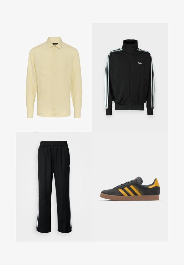 Giacca nera con zip frontale, collo alto, maniche lunghe con tre strisce bianche e piccolo logo sul petto. Tessuto dalla texture liscia.; Camicia a maniche lunghe in lino giallo chiaro con colletto e chiusura frontale a bottoni. Presenta un tessuto testurizzato e un orlo dritto.; Pantaloni da allenamento neri con elastico in vita, dotati di bande laterali bianche e un piccolo logo. Il materiale sembra morbido e leggero.; Sneaker in suede nero con dettagli gialli, dotato di tre strisce e una suola in gomma marrone. Include una linguetta imbottita per il comfort.
