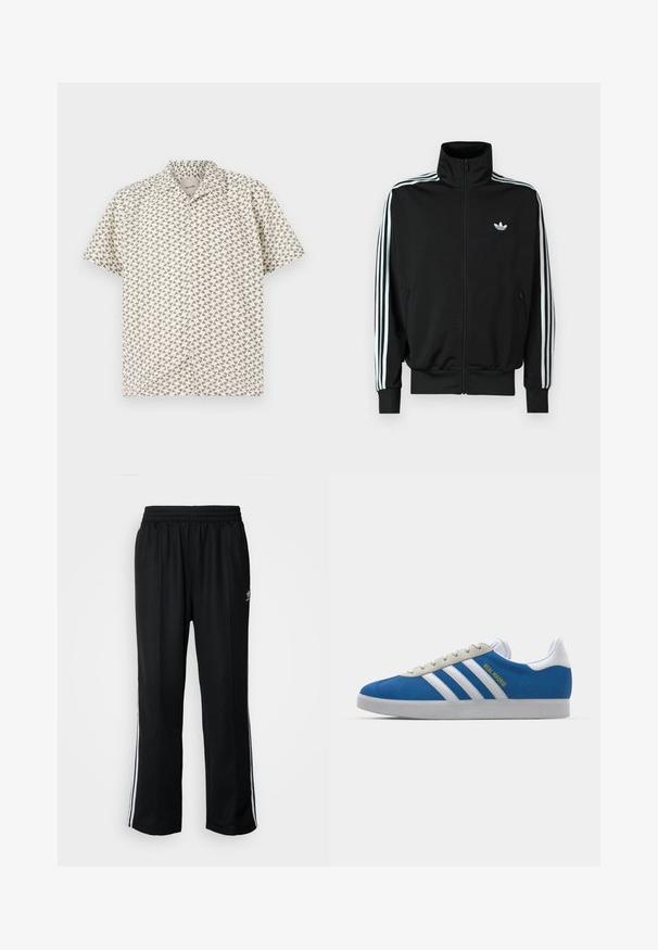 Svart hettejakke med glidelås, høy krage, lange ermer med tre hvite striper, og en liten logo på brystet. Glatt stofftekstur.; Kortermet skjorte med knapp i kremfarge med et geometrisk trekantmønster i dempede grønntoner. Har en krage og lett stoffstruktur.; Sorte treningsbukser med elastisk midjebånd, med hvite sidestiper og en liten logo. Materialet ser mykt og lett ut.; adidas Originals ADIDAS GAZELLE SHOES - Innendørsfotballsko - real madrid/bluebird/footwear white/crew yellow