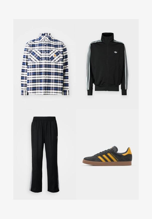 Črna jakna z zadrgo, visokim ovratnikom, dolgimi rokavi s tremi belimi črtami in majhnim logotipom na prsih. Gladek tekstura tkanine.; Karo srajca v modri in beli barvi, z dvema sprednjima žepoma, gumbom za zapiranje in zloženim ovratnikom. Narejena iz lahkotnega materiala.; Črne atletske hlače z elastičnim pasom, ki imajo bele stranske črte in majhen logo. Material izgleda mehak in lahek.; Črne semiš tene z rumenimi akcenti, ki vsebujejo tri trakove in rjavo gumo podplat. Vključujejo oblazinjeno jezik za udobje.