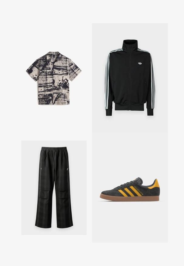 Giacca nera con zip frontale, collo alto, maniche lunghe con tre strisce bianche e piccolo logo sul petto. Tessuto dalla texture liscia.; Vans Camicia - medium brown; Pantaloni a quadri neri con vita elasticizzata, due tasche frontali e una vestibilità ampia con design a gamba dritta. Realizzati in materiale leggero.; Sneaker in suede nero con dettagli gialli, dotato di tre strisce e una suola in gomma marrone. Include una linguetta imbottita per il comfort.