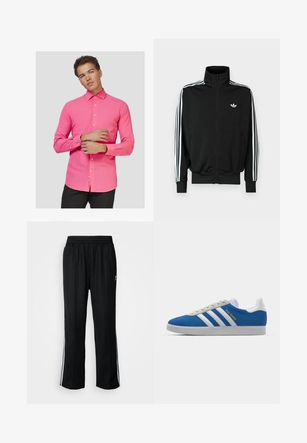 Juoda užsegama striukė su aukšta apykakle, ilgomis rankovėmis su trimis baltomis juostelėmis ir mažuoju logotipu ant krūtinės. Lygus audinio paviršius.; Rožinė ilgomis rankovėmis marškiniai su mygtukų apykakle, pasižymintys siauru siluetu, lygiu paviršiumi ir baltais mygtukais priekyje bei ant rankogalių.; Juodi sportiniai keliai su elastingu juosmeniu, su baltais šonais ir mažu logotipu. Atrodo, kad medžiaga yra minkšta ir lengva.; adidas Originals ADIDAS GAZELLE SHOES - Salės futbolo bateliai - real madrid/bluebird/footwear white/crew yellow