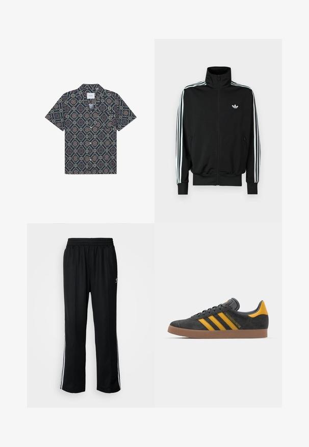 Musta vetoketjullinen takki, jossa on korkea kaulus, pitkät hihat kolmeen valkoiseen raitaan ja pieni logo rinnassa. Sileä kangaspinta.; Lyhythihainen paita, jossa on tummansininen kangas, jossa on geometrinen kukkakuosi eloisilla väreillä, napitus edessä ja rento kaulus.; Mustat urheiluhousut, joissa on joustava vyötärö, valkoiset sivuraidat ja pieni logo. Materiaali näyttää pehmeältä ja kevyeltä.; Mustat samettiset tennarit, joissa on keltaisia yksityiskohtia, kolmonen raita ja ruskea kumipohja. Sisältää pehmustetun kielisen mukavuutta varten.