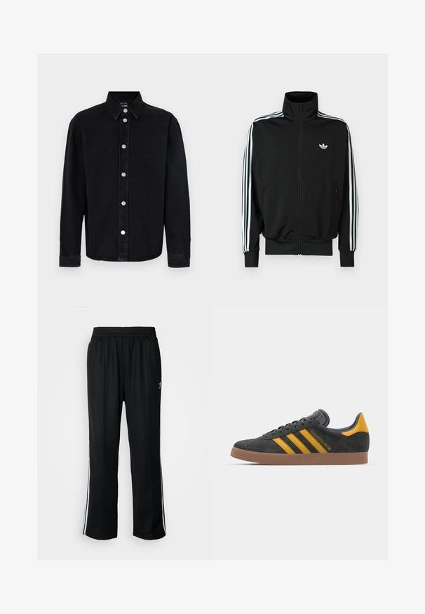 Black zip-up jacket featuring a high collar, long sleeves with three white stripes, and a small logo on the chest. Smooth fabric texture.; Black denim shirt with long sleeves, button-down collar, and silver hardware. Features a straight cut and plain texture.; Black athletic pants with an elastic waistband, featuring white side stripes and a small logo. Material appears soft and lightweight.; Black suede sneaker with yellow accents, featuring three stripes and a brown rubber sole. Includes a padded tongue for comfort.