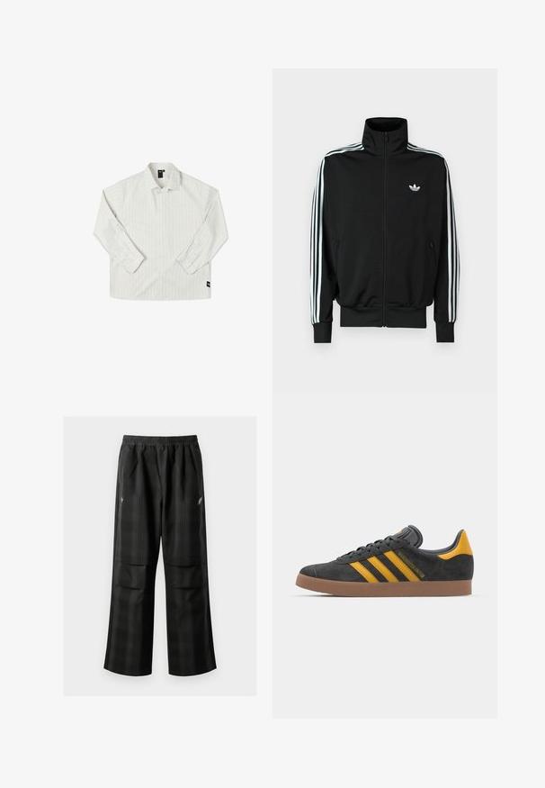Chaqueta negra con cremallera, cuello alto, mangas largas con tres rayas blancas y un pequeño logo en el pecho. Textura de tela suave.; Former ANDERSON - Camisa - beige; Pantalones de cuadros negros con cintura elástica, dos bolsillos frontales y un ajuste holgado con diseño de pierna recta. Fabricados en material ligero.; Zapatillas de ante negro con acentos amarillos, que presentan tres franjas y una suela de goma marrón. Incluyen una lengüeta acolchada para mayor comodidad.