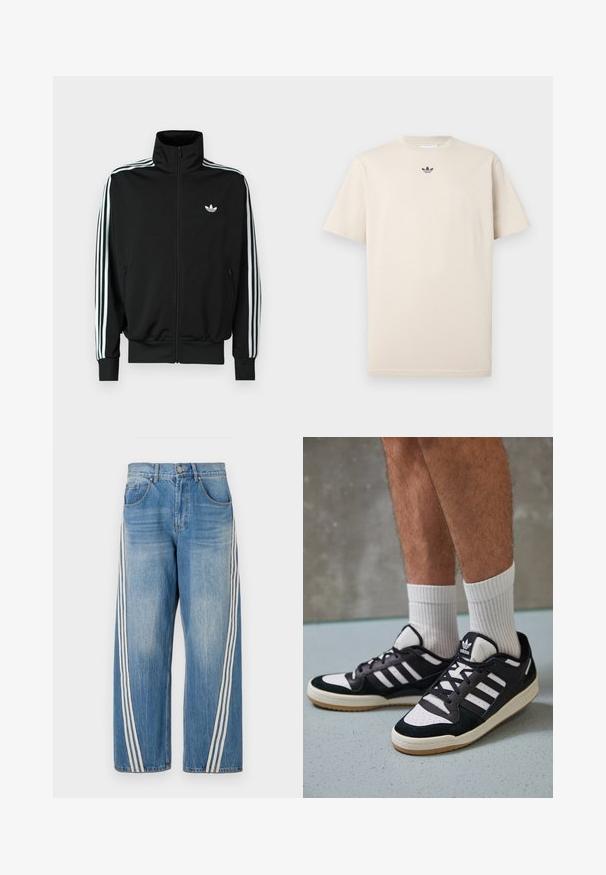 Must zip-up jope kõrge krae, pikad varrukad, millel on kolm valget triipu, ning väike logo rinnal. Sile kangapind.; Beež puuvillane T-särk ringkraega, lühikeste varrukatega ja väike tumedat tooni logo rinnal. Sile tekstuur ja lõdva lõikega.; Heledest värvi laiad denim teksad, millel on iga külje peal kolm valget triipu ja klassikaline viie tasku disain. Nähtav pleekinud tekstuur.; Mustvalged ja valged spordijalatsid, mille pealmine osa on valmistatud suede'ist ja nahast. Kingadel on kolm valget riba, auguline varvas ja kummist tald.