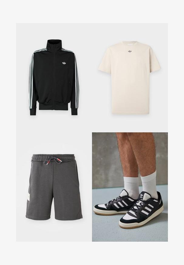 Sort lynlåstrøje med høj krave, lange ærmer med tre hvide striber og et lille logo på brystet. Glat stoftekstur.; Beige bomulds T-shirt med rund hals, korte ærmer og et lille mørkt logo på brystet. Glat tekstur og afslappet pasform.; Grå atletiske shorts med elastisk talje og snor. Har sidelommer og et stofmærke på venstre side. Letvægtsmateriale.; Sorte og hvide sneakers med en overdel i ruskind og læder, der har tre hvide striber, en perforeret tå og en sål i gummigummi.