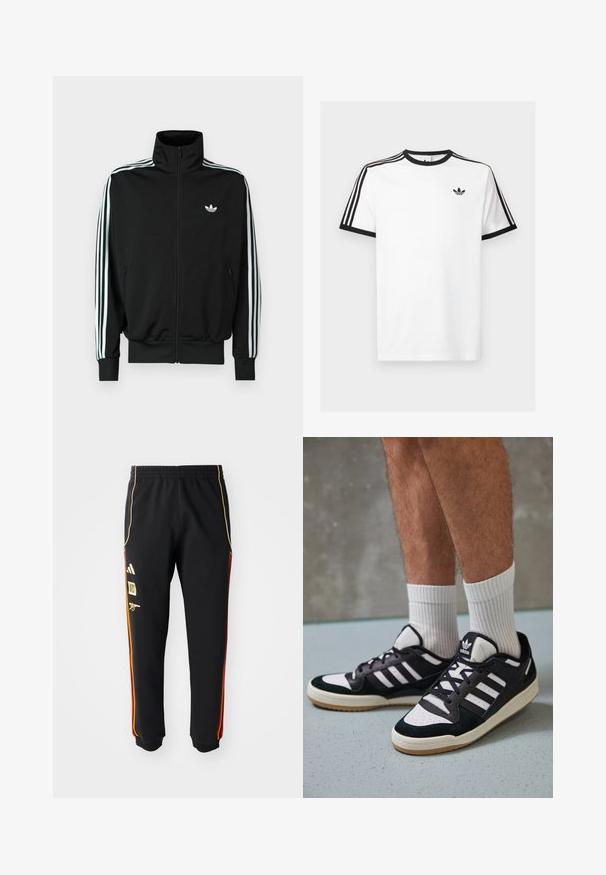 Casaco preto com fecho éclair, gola alta, mangas compridas com três riscas brancas e um pequeno logótipo no peito. Textura de tecido lisa.; T-shirt de algodão branco com decote e mangas caneladas pretas, apresentando três riscas pretas em cada ombro e um pequeno logotipo no peito.; Calças atléticas pretas com cintura elástica, riscas laterais douradas e vermelhas, e logos amarelos no quadrilátero esquerdo.; Ténis em preto e branco com upper em camurça e couro, apresentando três riscas brancas, um toe perfurado e uma sola em borracha de goma.