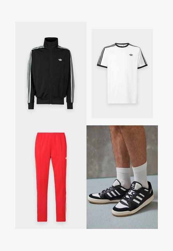Czarna kurtka na zamek z wysokim kołnierzem, długimi rękawami ozdobionymi trzema białymi paskami oraz małym logo na piersi. Gładka faktura tkaniny.; Biała bawełniana koszulka z czarnym ściągaczem przy dekolcie i rękawach, z trzema czarnymi paskami na każdym ramieniu oraz małym logo na klatce piersiowej.; Czerwone sportowe spodnie wykonane z gładkiej tkaniny, z elastycznym paskiem ze sznurkiem, bocznymi suwakami oraz białymi paskami po bokach z logo.; Czarno-białe sneakersy z zamszową i skórzaną cholewką, z trzema białymi paskami, perforowanym czubkiem i gumową podeszwą w kolorze gumy.
