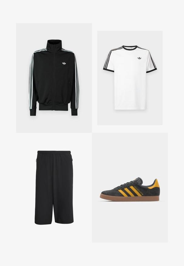 Svart hettejakke med glidelås, høy krage, lange ermer med tre hvite striper, og en liten logo på brystet. Glatt stofftekstur.; Hvit bomulls T-skjorte med svart ribbestrikket halslinning og ermer, med tre svarte striper på hver skulder og en liten logo på brystet.; Svarte treningsshorts med elastisk midje, med sidelommer med glidelås og et glatt, lett stoff. Enkelt, funksjonelt design.; Sort skinnesko i svart semsket skinn med gule detaljer, med tre striper og en brun gummisåle. Inkluderer en polstret tunge for komfort.