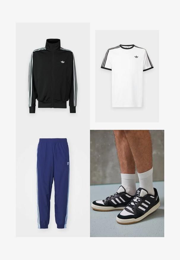 Casaco preto com fecho éclair, gola alta, mangas compridas com três riscas brancas e um pequeno logótipo no peito. Textura de tecido lisa.; T-shirt de algodão branco com decote e mangas caneladas pretas, apresentando três riscas pretas em cada ombro e um pequeno logotipo no peito.; Calças de desporto azul marinho com cintura elástica, bolsos laterais e listras azul claro nas laterais; feitas de tecido leve.; Ténis em preto e branco com upper em camurça e couro, apresentando três riscas brancas, um toe perfurado e uma sola em borracha de goma.