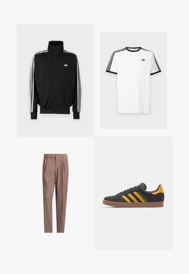 Svart hettejakke med glidelås, høy krage, lange ermer med tre hvite striper, og en liten logo på brystet. Glatt stofftekstur.; Hvit bomulls T-skjorte med svart ribbestrikket halslinning og ermer, med tre svarte striper på hver skulder og en liten logo på brystet.; adidas Golf Originals F PLEAT - Bukse - trace brown; Sort skinnesko i svart semsket skinn med gule detaljer, med tre striper og en brun gummisåle. Inkluderer en polstret tunge for komfort.