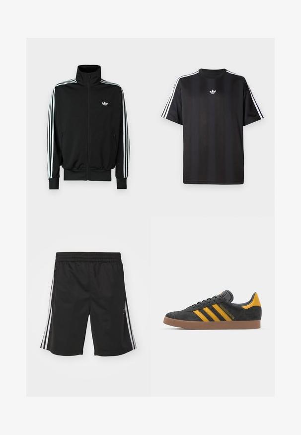 Juoda užsegama striukė su aukšta apykakle, ilgomis rankovėmis su trimis baltomis juostelėmis ir mažuoju logotipu ant krūtinės. Lygus audinio paviršius.; Juodas trumpomis rankovėmis marškinėliai su balta trimis juostelėmis ant pečių ir mažai balta logotipo krūtinėje. Lygus audinio tekstūra.; Juodos sportinės šortai su elastingu juosmeniu, turintys baltas šonines juostas ir lygią audinio struktūrą. Jokio papildomo dekoravimo.; Juodas zomšinės sportbačiai su geltonais akcentais, turintys tris juosteles ir rudą gumos padą. Apima paminkštintą liežuvėlį patogumui.