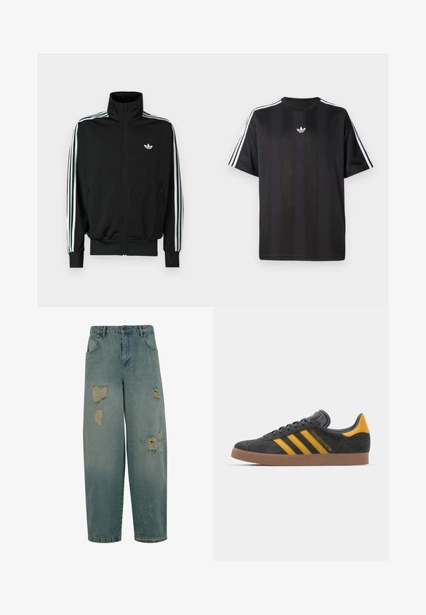 Črna jakna z zadrgo, visokim ovratnikom, dolgimi rokavi s tremi belimi črtami in majhnim logotipom na prsih. Gladek tekstura tkanine.; Crna majica s kratkimi рукави in belimi трими črtami na ramah ter majhnim belim logotipom na prsih. Gladka tekstura tkanine.; Svijetloplave traperice s opuštenim krojem, koje sadrže više izlizane zakrpe i strgane rubove. Klasični dizajn s pet džepova.; Črne semiš tene z rumenimi akcenti, ki vsebujejo tri trakove in rjavo gumo podplat. Vključujejo oblazinjeno jezik za udobje.