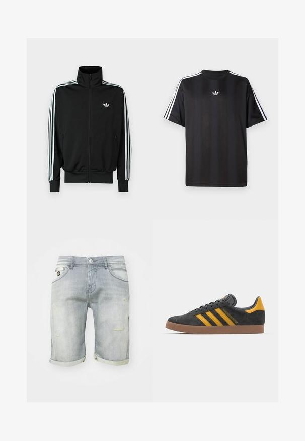 Fekete cipzáros dzseki magas gallérral, hosszú ujjakkal, amelyeken három fehér csík fut, valamint a mellrészen egy kis logó található. Sima anyagtextúra.; Fekete, rövid ujjú póló fehér háromcsíkos díszítéssel a vállakon és egy kis fehér logóval a mellkasán. Simább anyag textúra.; Világoskék farmer rövidnadrág, kopott mosással, felgombolt szegélyekkel, elülső zsebekkel és kopott részletekkel a combon. Gombos záródás derékrészen.; Fekete velúrbőr sportcipő sárga díszítéssel, három csíkkal és barna gumitalppal. Párnázott nyelvével a kényelem érdekében.