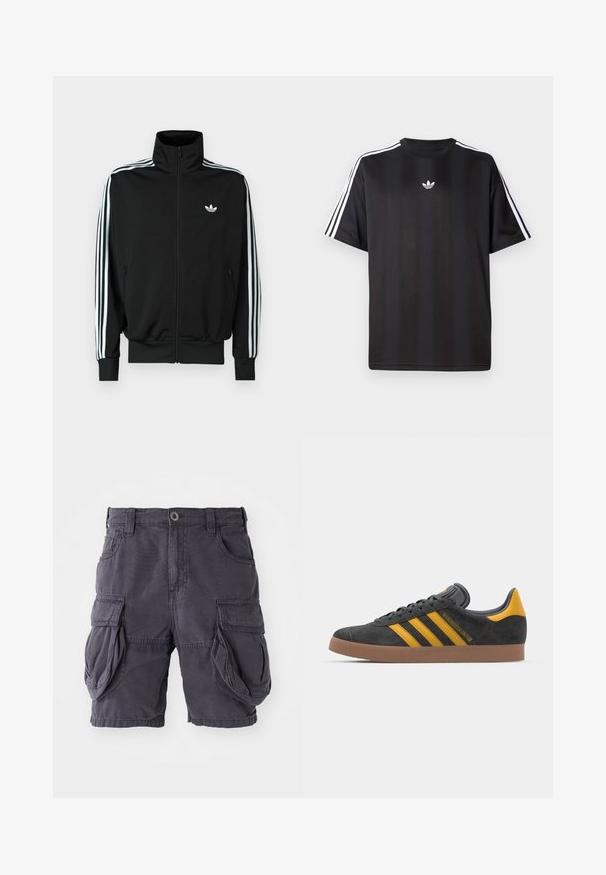 Melna rāvējslēdzēja jaka ar augstu apkakli, garām piedurknēm un trim baltām svītrām, kā arī nelielu logotipu uz krūtīm. Gluda auduma tekstūra.; Melns īsām piedurknēm T-krekls ar baltām trīs svītru detaļām uz pleciem un mazu baltu logo uz krūšu apvidus. Gluda auduma tekstūra.; Kargo šorti, izgatavoti no tumši pelēka kokvilnas, ar klasisku piegriezumu, vairākām sānu kabatām un priekšējo pogu aizdari. Gluda tekstūra.; Melnas zamšādas kedas ar dzelteniem akcentiem, kurām ir trīs svītras un brūna gumijas zole. Iekļauta mīksta valkāšanas tongue komfortam.