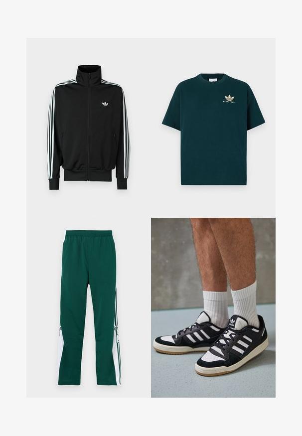 Czarna kurtka na zamek z wysokim kołnierzem, długimi rękawami ozdobionymi trzema białymi paskami oraz małym logo na piersi. Gładka faktura tkaniny.; Ciemnozielona koszulka bawełniana z okrągłym dekoltem i krótkimi rękawami, z nadrukowanym złotym logo przedstawiającym trzy liście oraz słowem "BASKETBALL".; Zielone spodnie sportowe z elastyczną talią, z białymi panelami bocznymi i logo. Materiał ma gładką, lekką fakturę.; Czarno-białe sneakersy z zamszową i skórzaną cholewką, z trzema białymi paskami, perforowanym czubkiem i gumową podeszwą w kolorze gumy.
