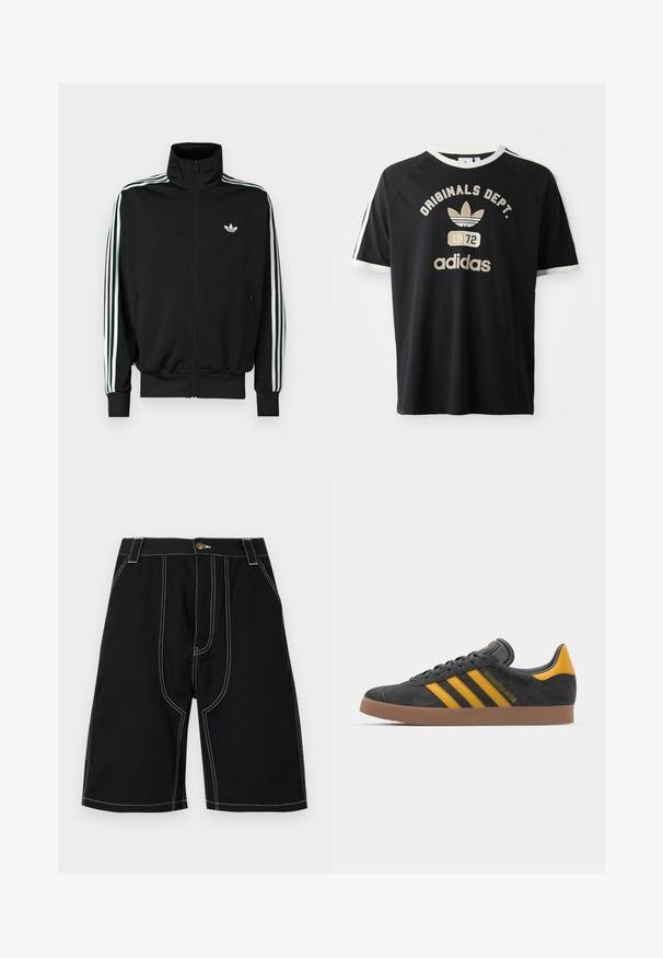 Svart hettejakke med glidelås, høy krage, lange ermer med tre hvite striper, og en liten logo på brystet. Glatt stofftekstur.; Svart bomull T-skjorte med korte ermer, hvite detaljer og grafisk trykk med teksten "ORIGINALS DEPT." og "adidas", datert 1972.; Svarte shorts med rett snitt, laget av slitesterkt stoff. Har hvite sømmer og en gullknapp som detalj. Inkluderer frontlommer.; Sort skinnesko i svart semsket skinn med gule detaljer, med tre striper og en brun gummisåle. Inkluderer en polstret tunge for komfort.