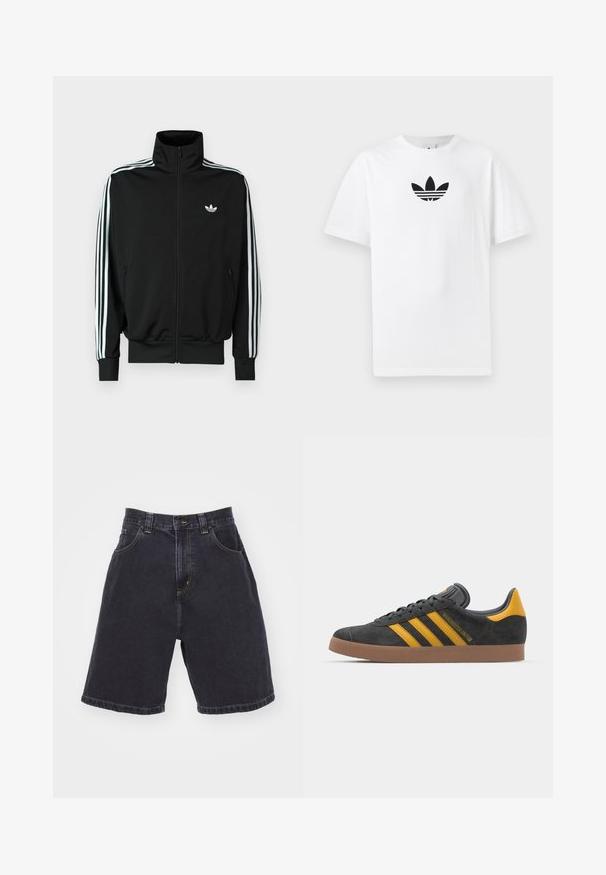Must zip-up jope kõrge krae, pikad varrukad, millel on kolm valget triipu, ning väike logo rinnal. Sile kangapind.; Valge puuvillane T-särk, millel on must Adidas logo keskel. Lühikesed varrukad ja ümmargune kaelus. Sile tekstuur.; Tumed denim lühikesed püksid kõrge vöökohaga, millel on kaks eesmist taskut, kontrastne kollane õmblus ja sirge lõige, millel on ääristatud viimistlus.; Mustad sametist spordijalatsid kollaste aktsentidega, millel on kolm triipu ja pruun kummitald. Mugavuse tagamiseks on neil pehmendatud keele osa.