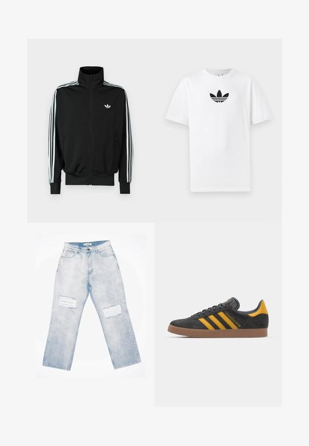 Casaco preto com fecho éclair, gola alta, mangas compridas com três riscas brancas e um pequeno logótipo no peito. Textura de tecido lisa.; T-shirt de algodão branco com um logo preto da Adidas no centro. Mangas curtas e um design de gola redonda. Textura suave.; Fatos de ganga de cor azul claro com um corte solto, apresentando dois remendos desgastados à frente, fecho de botão e design de cinco bolsos.; Tenis em camurça preta com detalhes amarelos, apresentando três riscas e uma sola de borracha castanha. Inclui uma língua acolchoada para maior conforto.