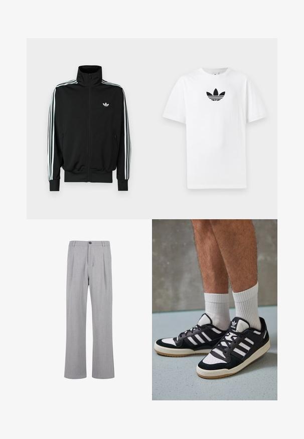 Must zip-up jope kõrge krae, pikad varrukad, millel on kolm valget triipu, ning väike logo rinnal. Sile kangapind.; Valge puuvillane T-särk, millel on must Adidas logo keskel. Lühikesed varrukad ja ümmargune kaelus. Sile tekstuur.; Hallide pleated püksid, mis on valmistatud kergest kangast, millel on nööbkinnitus, laiad sääred ja sile tekstuur kerge mustriga.; Mustvalged ja valged spordijalatsid, mille pealmine osa on valmistatud suede'ist ja nahast. Kingadel on kolm valget riba, auguline varvas ja kummist tald.