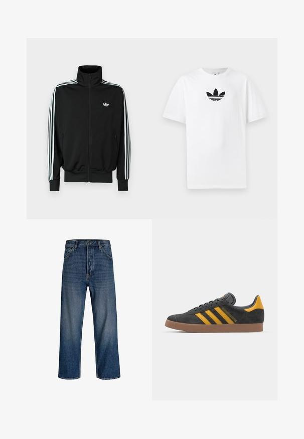 Jachetă neagră cu fermoar, cu guler înalt, mâneci lungi cu trei dungi albe și un mic logo pe piept. Textură netedă a țesăturii.; Tricou alb din bumbac, având un logo Adidas negru în centrul său. Mâneci scurte și un design cu gât rotund. Textură fină.; Blugi din denim cu un design drept, de culoare albastru închis, cu o ușoară decolorare. Dispune de cinci buzunare și închidere cu nasture.; Tenisi negri din suede cu accente galbene, având trei dungi și o talpă din cauciuc maroniu. Include un limba căptușită pentru confort.