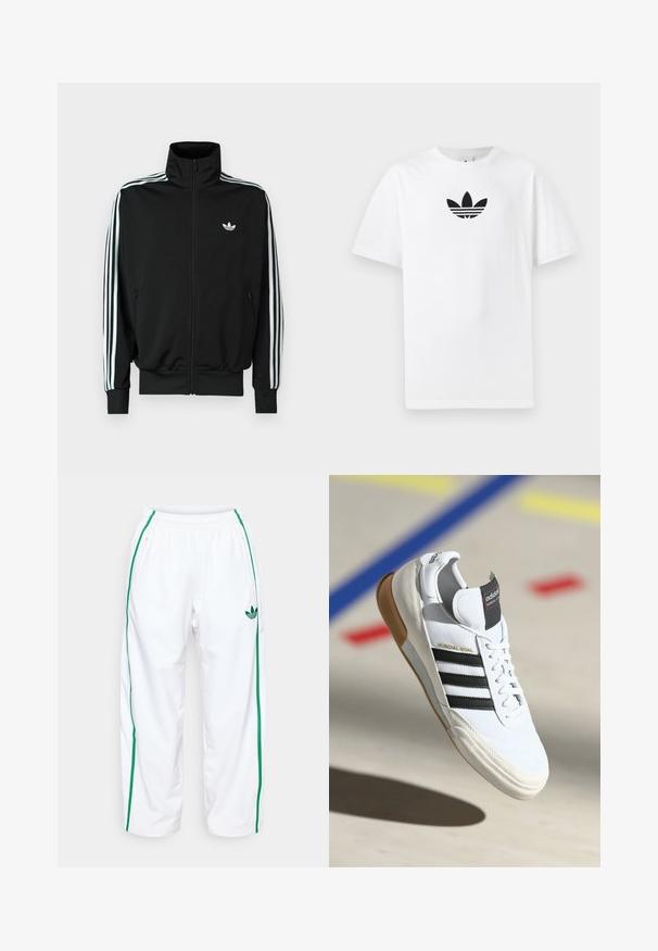Juoda užsegama striukė su aukšta apykakle, ilgomis rankovėmis su trimis baltomis juostelėmis ir mažuoju logotipu ant krūtinės. Lygus audinio paviršius.; Baltas medvilnės marškinėliai su juodu Adidas logo centre. Trumpomis rankovėmis ir apvalia kaklo iškirpte. Lygus audinys.; Baltos sportinės kelnės su žaliais šonais, elastinga juosmena ir dviem užtrauktukais uždaromomis kišenėmis. Pagamintos iš lygios, lengvos medžiagos.; Balti Adidas Mundial Goal sportiniai batai su juodomis juostelėmis ir guminiu padu, pavaizduoti ore virš sporto aikštelės grindų su spalvotomis linijomis.