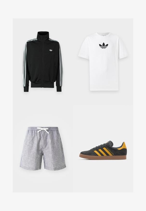 Casaco preto com fecho éclair, gola alta, mangas compridas com três riscas brancas e um pequeno logótipo no peito. Textura de tecido lisa.; T-shirt de algodão branco com um logo preto da Adidas no centro. Mangas curtas e um design de gola redonda. Textura suave.; Calções cinzentos listrados com um cós ajustável, feitos de um tecido leve. Apresenta listras verticais brancas e um corte solto e confortável.; Tenis em camurça preta com detalhes amarelos, apresentando três riscas e uma sola de borracha castanha. Inclui uma língua acolchoada para maior conforto.
