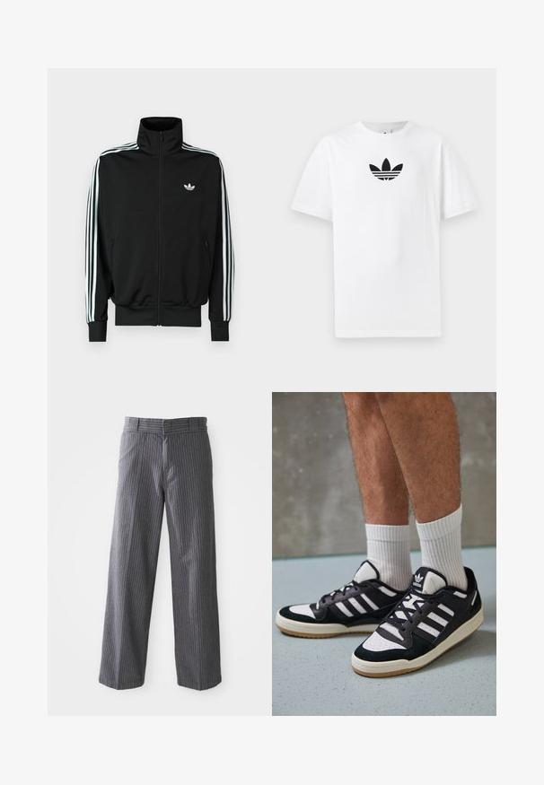 Black zip-up jacket featuring a high collar, long sleeves with three white stripes, and a small logo on the chest. Smooth fabric texture.; White cotton T-shirt featuring a black Adidas logo at the center. Short sleeves and a crew neck design. Smooth texture.; Gray pinstripe wide-leg trousers with belt loops, flat front, and straight hems, shown against a white background.; Black and white sneakers with a suede and leather upper, featuring three white stripes, a perforated toe, and a gum rubber sole.