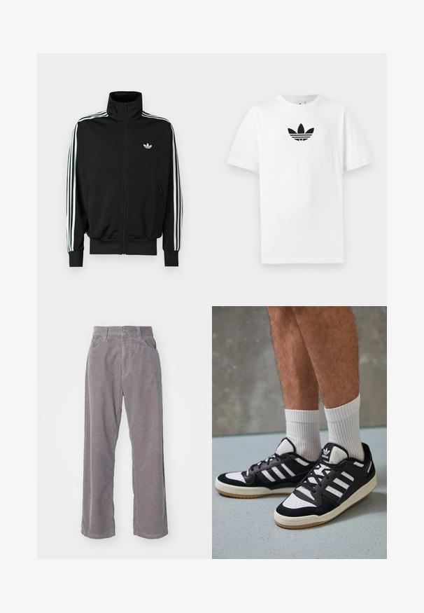 Black zip-up jacket featuring a high collar, long sleeves with three white stripes, and a small logo on the chest. Smooth fabric texture.; White cotton T-shirt featuring a black Adidas logo at the center. Short sleeves and a crew neck design. Smooth texture.; Gray corduroy pants with a wide-leg design, featuring vertical ribbing, a button closure, and two front pockets.; Black and white sneakers with a suede and leather upper, featuring three white stripes, a perforated toe, and a gum rubber sole.