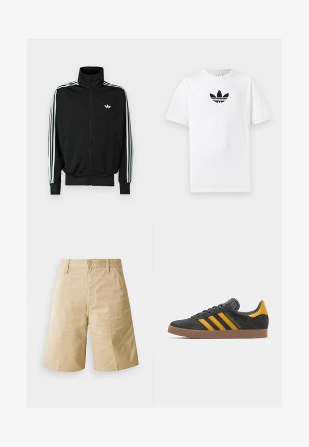 Giacca nera con zip frontale, collo alto, maniche lunghe con tre strisce bianche e piccolo logo sul petto. Tessuto dalla texture liscia.; T-shirt bianco in cotone con logo Adidas nero al centro. Maniche corte e design con girocollo. Texture liscia.; Pantaloni corti in cotone beige con taglio dritto, dotati di chiusura con bottone, zip frontale e tasche laterali. Tessuto liscio e dettaglio plissettato sul davanti.; Sneaker in suede nero con dettagli gialli, dotato di tre strisce e una suola in gomma marrone. Include una linguetta imbottita per il comfort.