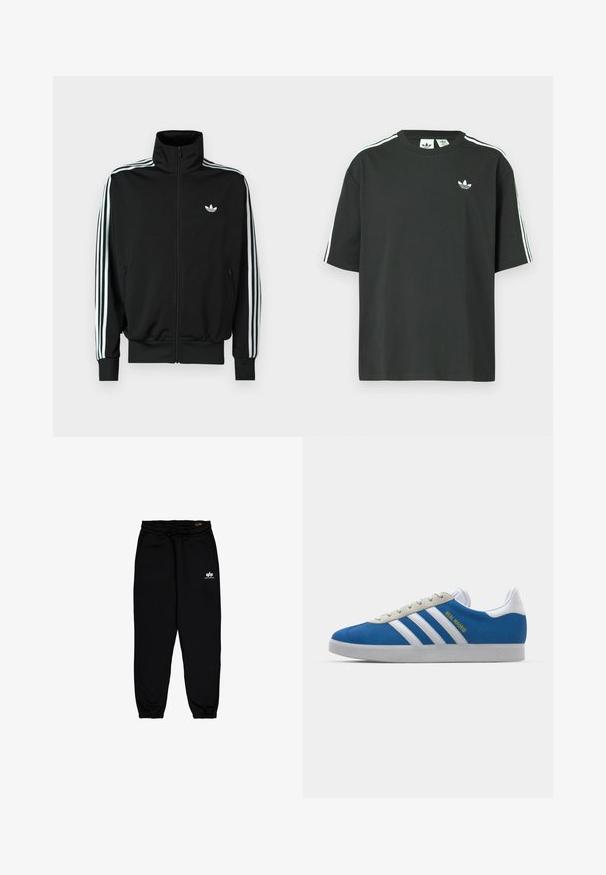 Jachetă neagră cu fermoar, cu guler înalt, mâneci lungi cu trei dungi albe și un mic logo pe piept. Textură netedă a țesăturii.; Tricou negru din bumbac cu mâneci scurte, guler rotund și detalii albe cu trei dungi pe umeri. Prezintă un logo mic alb pe piept.; Pantaloni jogger negri, confecționați dintr-un material moale și elastic. Au un brâu elastic cu șnur și manșete elastice. Logo mic alb pe șold.; adidas Originals ADIDAS GAZELLE SHOES - Ghete de fotbal de sală - real madrid/bluebird/footwear white/crew yellow
