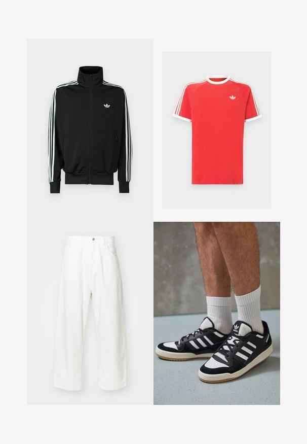 Black zip-up jacket featuring a high collar, long sleeves with three white stripes, and a small logo on the chest. Smooth fabric texture.; Red cotton t-shirt with white collar and sleeve trims. Features white three-stripe design on shoulders and a small white logo on chest.; White wide-leg jeans made from denim, featuring a high waist, five pockets, and a button closure. Simple design with raw hem edges.; Black and white sneakers with a suede and leather upper, featuring three white stripes, a perforated toe, and a gum rubber sole.