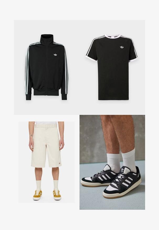 Jachetă neagră cu fermoar, cu guler înalt, mâneci lungi cu trei dungi albe și un mic logo pe piept. Textură netedă a țesăturii.; Tricou negru din bumbac cu accente albe. Are mâneci scurte, design raglan și un mic logo pe piept. Trei dungi albe pe umeri.; Pantaloni scurți din bumbac bej, cu croială dreaptă, față plată și buzunare laterale. Prezintă o mică etichetă cu logo aproape de tiv. Purtați cu adidași galbeni.; Adidași negri și albi cu un superior din suede și piele, prevăzuți cu trei dungi albe, un vârf perforat și o talpă din cauciuc caramel.