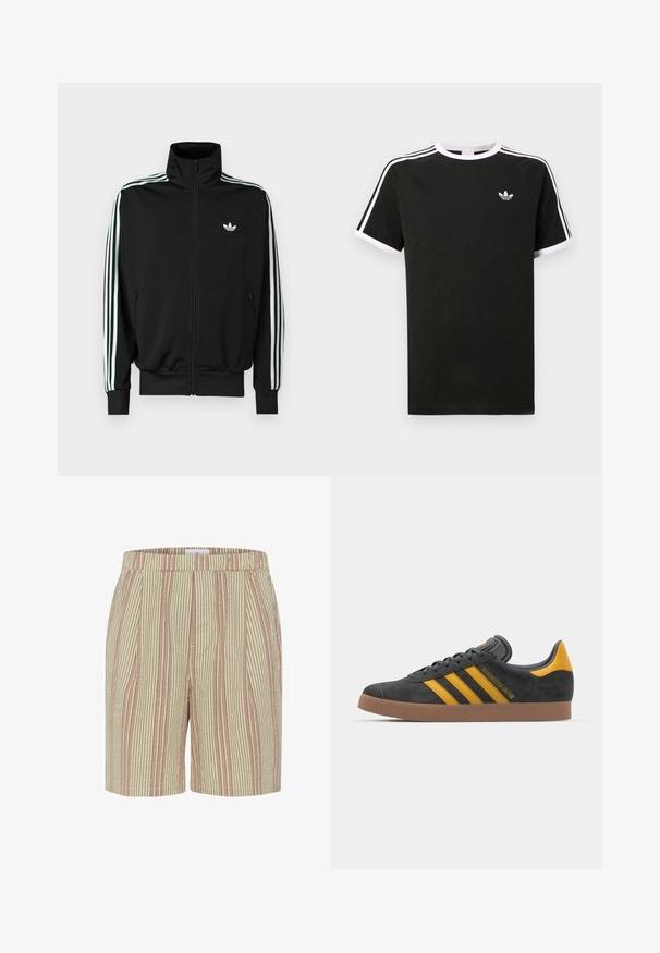 Black zip-up jacket featuring a high collar, long sleeves with three white stripes, and a small logo on the chest. Smooth fabric texture.; Black t-shirt made of cotton with white accents. Features short sleeves, raglan design, and a small logo on the chest. Three white stripes on shoulders.; Striped shorts in beige and light pink, featuring a textured fabric, elastic waistband, and side pockets. Mid-thigh length.; Black suede sneaker with yellow accents, featuring three stripes and a brown rubber sole. Includes a padded tongue for comfort.
