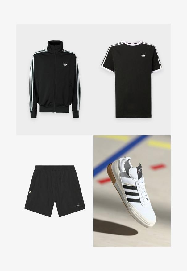 Sort lynlåstrøje med høj krave, lange ærmer med tre hvide striber og et lille logo på brystet. Glat stoftekstur.; Sort t-shirt lavet af bomuld med hvide accenter. Har korte ærmer, raglan-design og et lille logo på brystet. Tre hvide striber på skuldrene.; Sorte sportsshorts lavet af letvægtsstof, med elastisk talje, sidelommer og et lille logo på den nedre front.; Hvide Adidas Mundial Goal sneakers med sorte striber og gummisål, vist midt i luften over en sportsplads med farvede linjer.