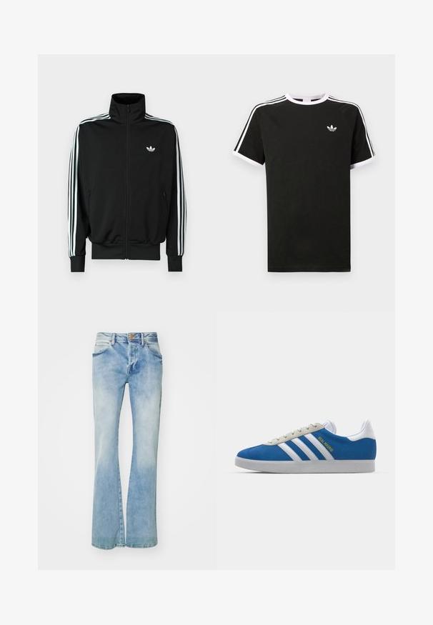 Črna jakna z zadrgo, visokim ovratnikom, dolgimi rokavi s tremi belimi črtami in majhnim logotipom na prsih. Gladek tekstura tkanine.; Črna majica s kratkimi rokavi, izdelana iz bombaža, s belimi detajli. Ima raglan kroj in majhen logo na prsih. Tri bele črte na ramenih.; Svijetloplave trapezice od denima, s izblijedjelim pranjem, prednjim džepovima, petljama za pojas i zatvaranjem na bakreni gumb.; adidas Originals ADIDAS GAZELLE SHOES - Dvoranske nogometne kopačke - real madrid/bluebird/footwear white/crew yellow